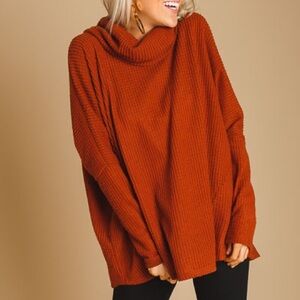 Zenana Waffle Knit Warm Rust Cowl Neck Sweater Size L #7